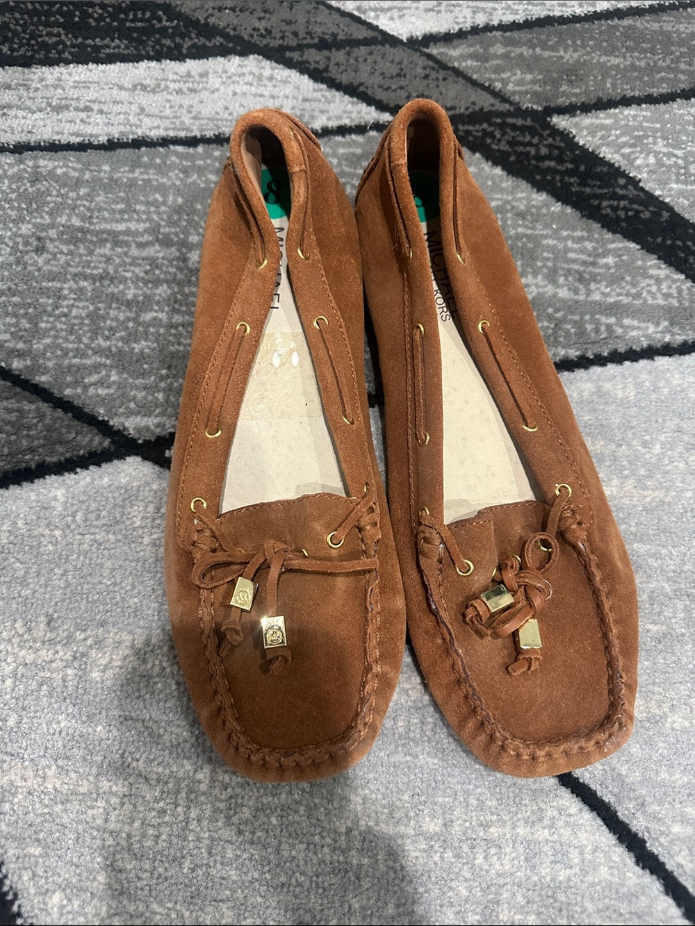 Michael Kors Chestnut Suede Moccasin Loafers with Gold Accents